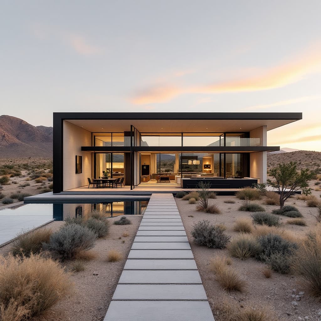 AI generated: 
minimalist modern villa in Mojave desert, archdaily front page, award-winning design, ultra realist...