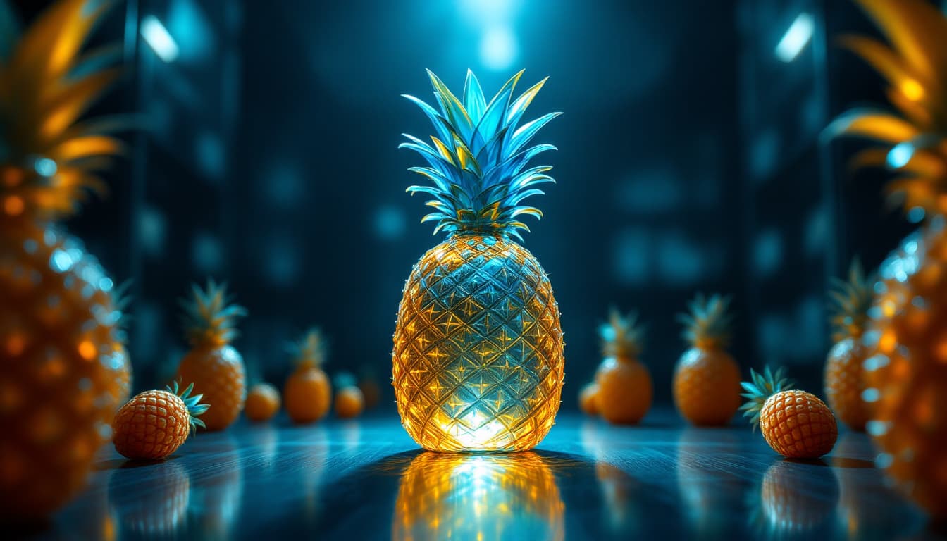 AI generated: A glass upside down pineapple in the translucent colors of a real pineapple. A light beam shines thr...