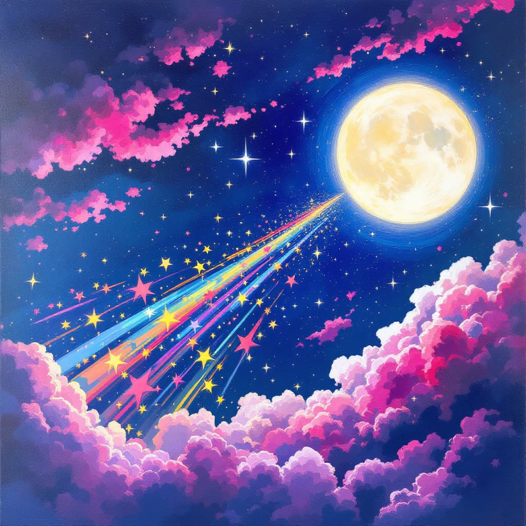 AI generated: An oil painting of a bright and full moon, surrounded by clusters of stars, with a colorful meteor s...