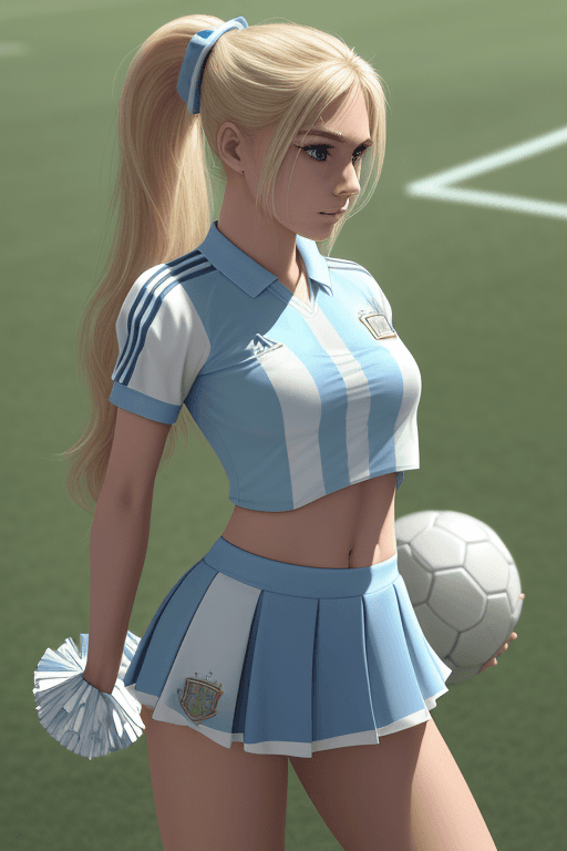 AI generated: Beautiful and realistic argentinian blonde girl with ponytail and transparent cheerleader uniform st...
