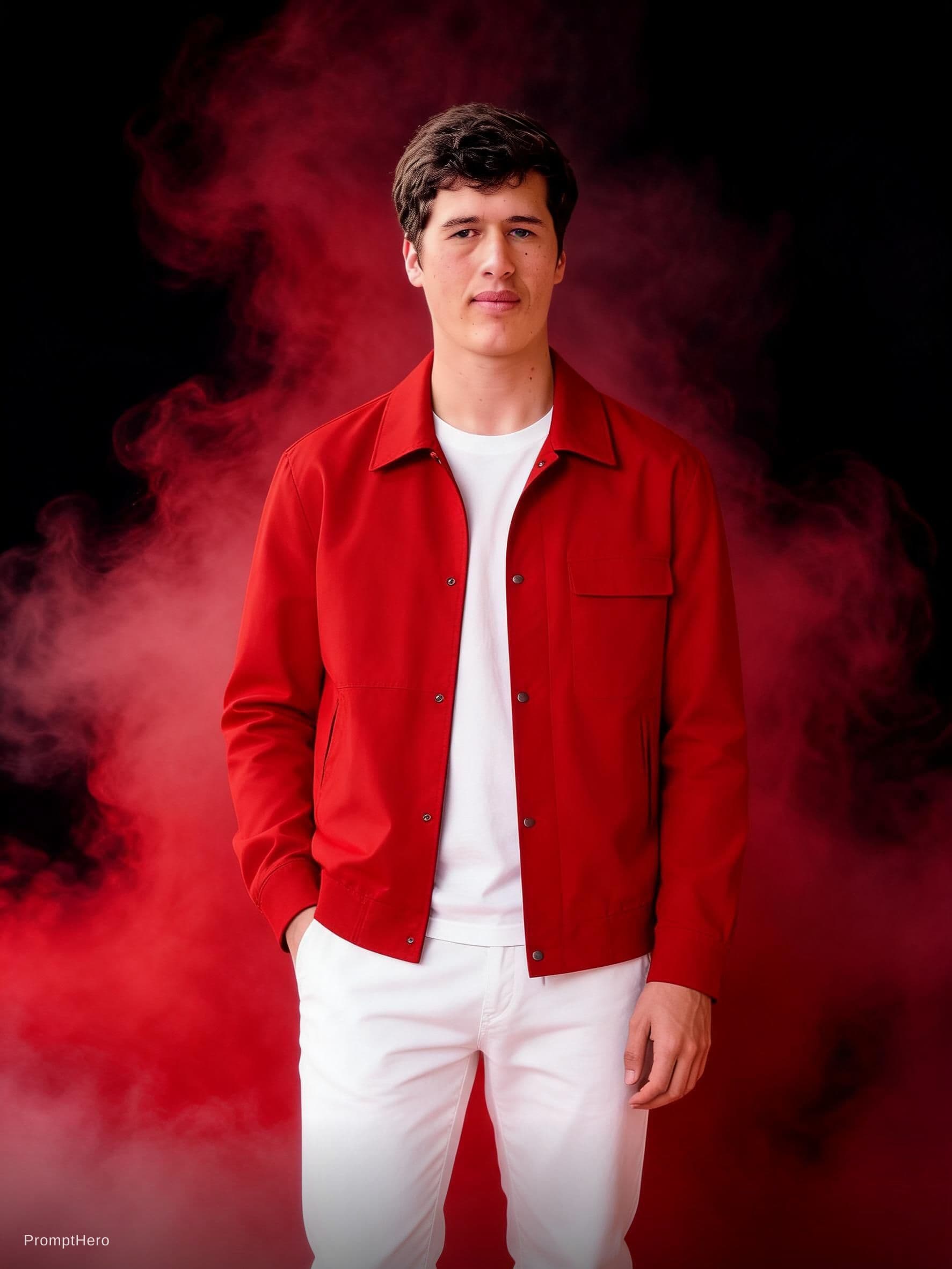 AI generated: fashion photography, front central full-length shot, male model, vibrant red color and black palette...