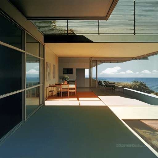 AI generated: Hyper realistic eye level exterior photo of a mid century modern style house overlooking the ocean, ...
