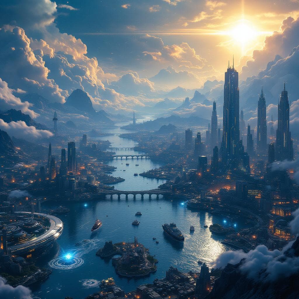 AI generated: Planet Auroraxi, heart of the Genesis Verge. A luminous super-city spread across silver oceans and f...