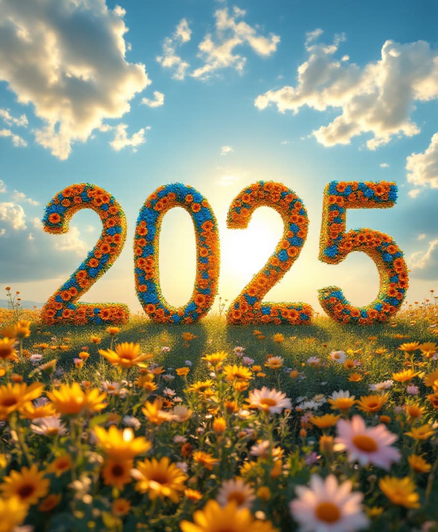 AI generated: The date in a beautiful font, against a sunny sky and sun,2025

