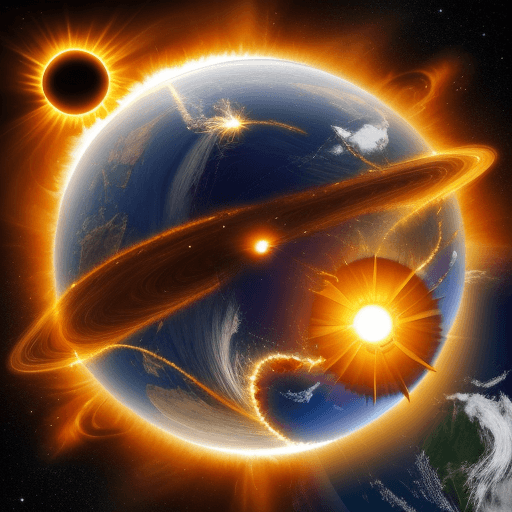 AI generated: earth and the sun colliding as spaceships fly by