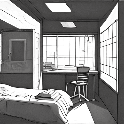 AI generated: the architectural student room, mobile home, light coming from a window, a bed close to the window, ...