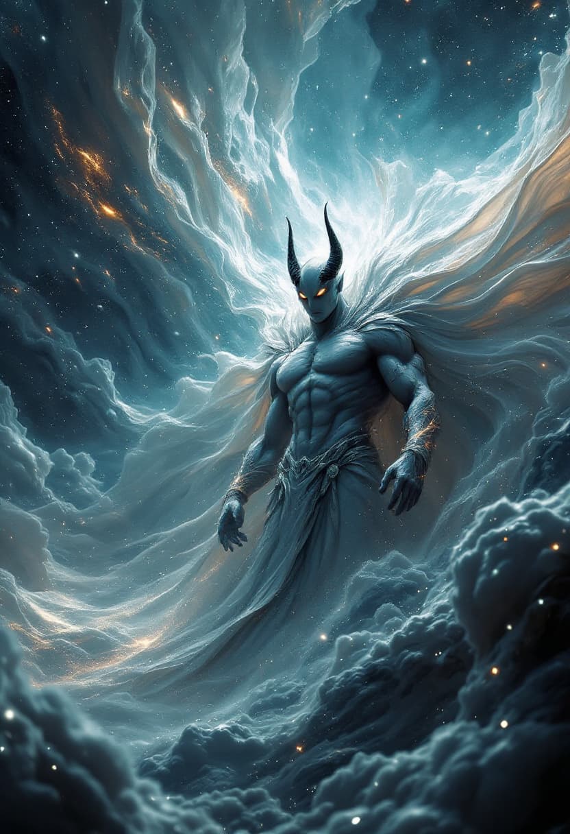 AI generated: God of Teleportation full-body, Etherial, muscular, Glowing black eyes, epic, cinematic, 8k, hyper d...