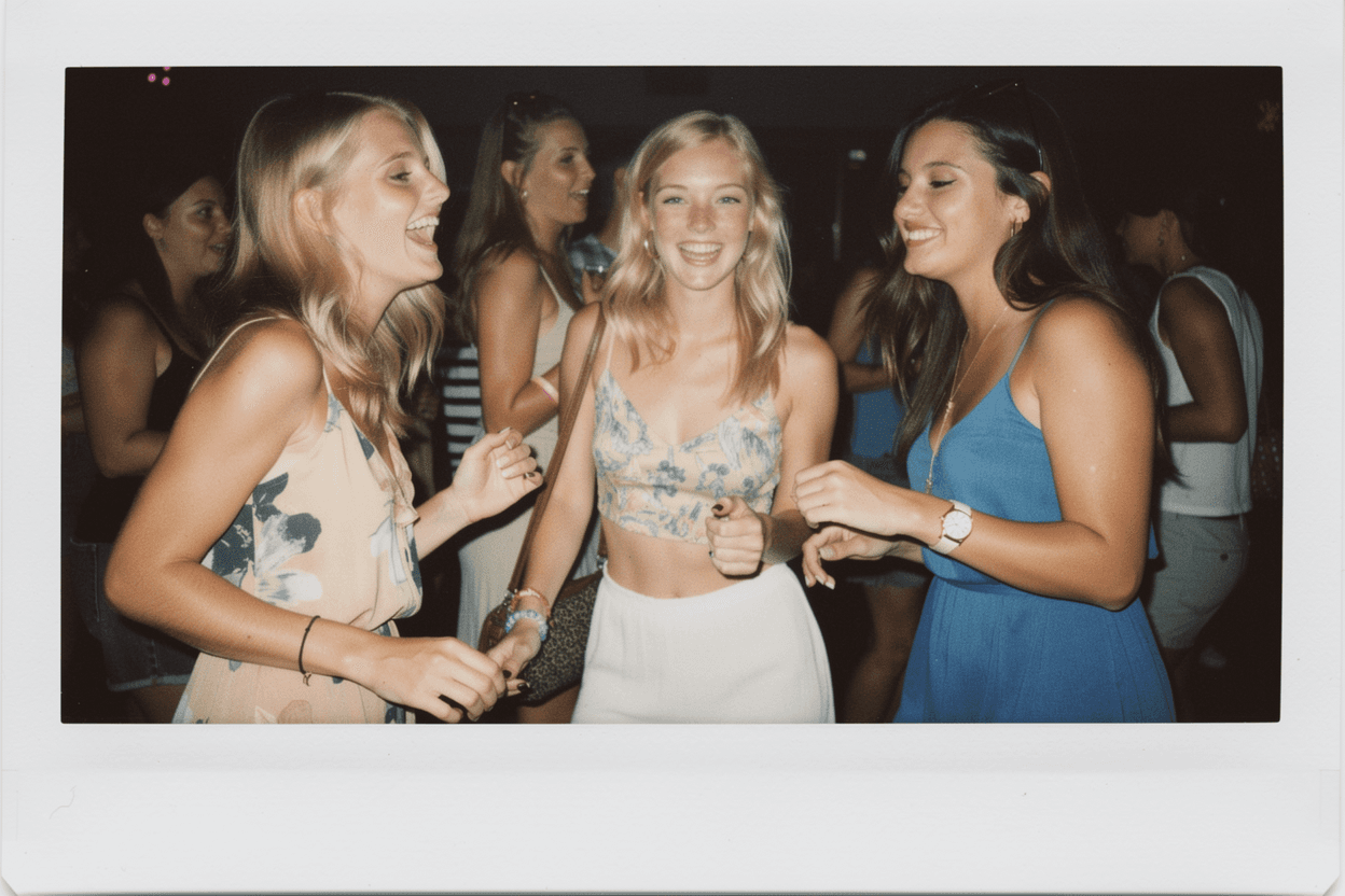 AI generated: photo, candid 35mm Polaroid of a group of a sweet girls partying at a dance club. they look like tro...