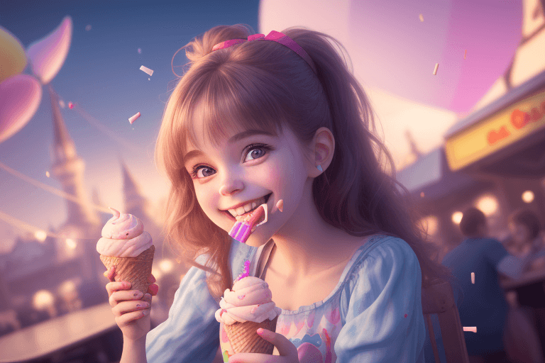 AI generated: cute, adorable, smiling girl eating ice cream, candies flying all around her, Pixar, disnet, cinema ...