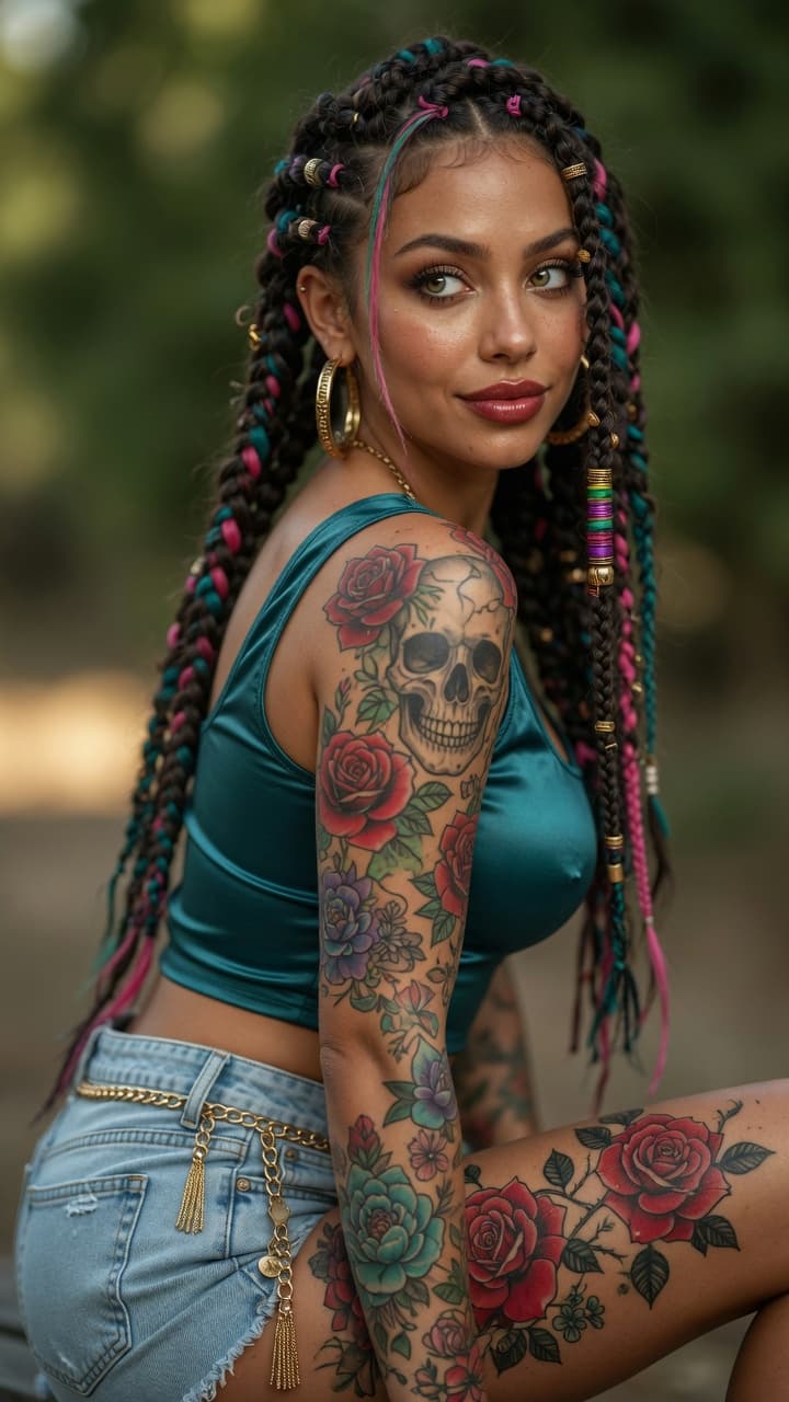 AI generated: Ultra-realistic photography of a stunning young woman with intricate long thick braids in shades of ...