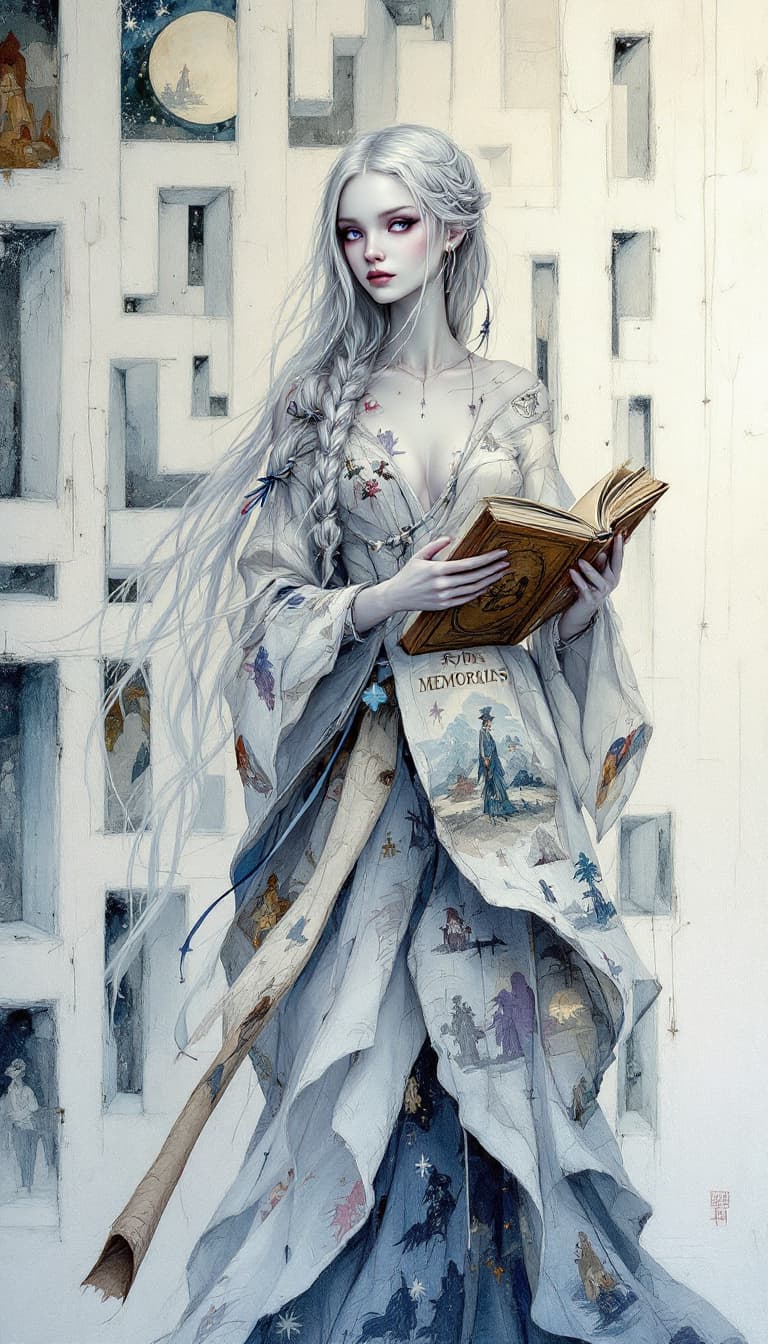 AI generated: "Silvered Storyteller in a Labyrinth of Memories": A captivating abstract painting showcases a story...