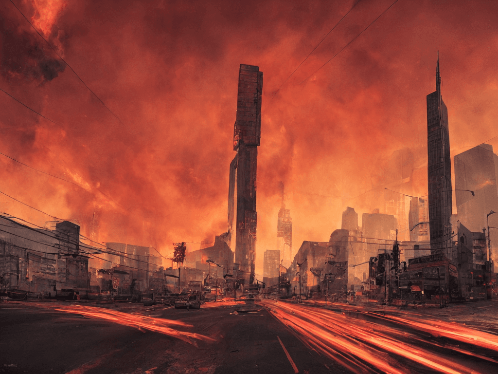 AI generated: city street view with an tall antenna tower in the middle with smoke and fire , Street view, Portait...