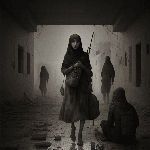 AI generated: !!!  A scene that embodies the horrors of war and displacement, digital surrealism, expressive paint...
