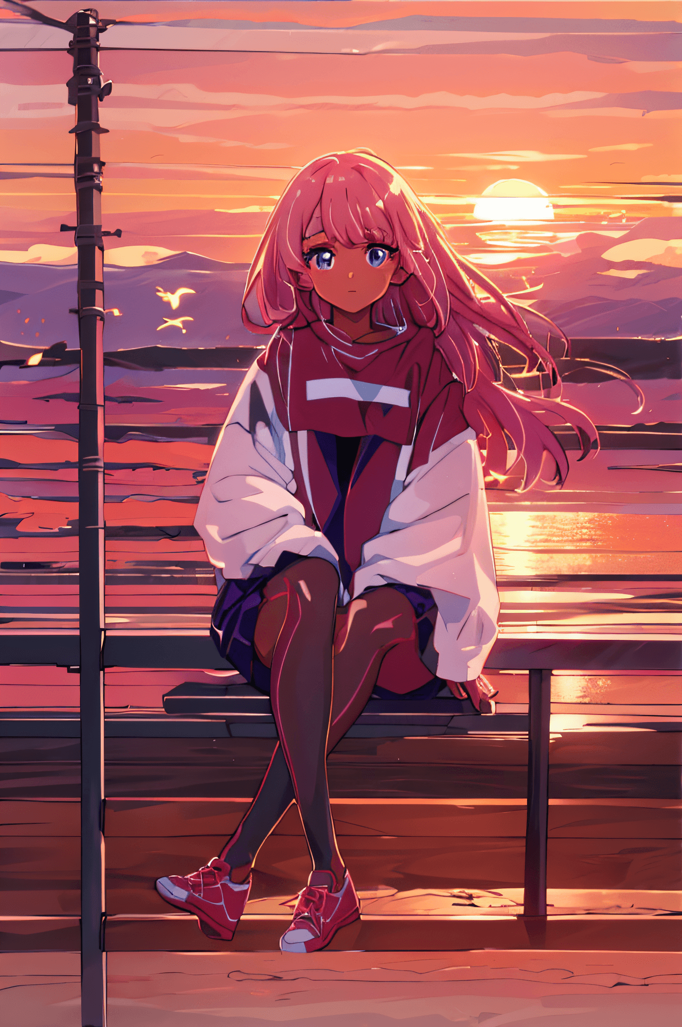 AI generated: anime girl sitting on a bench with a sunset in the background, watching the sun set. anime, anime st...