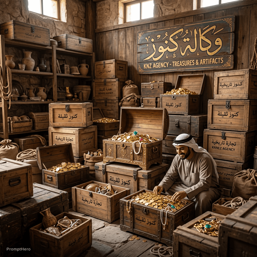 AI generated: يكتب وكالة كنوز . الصوره فيها صناديق وكنوز