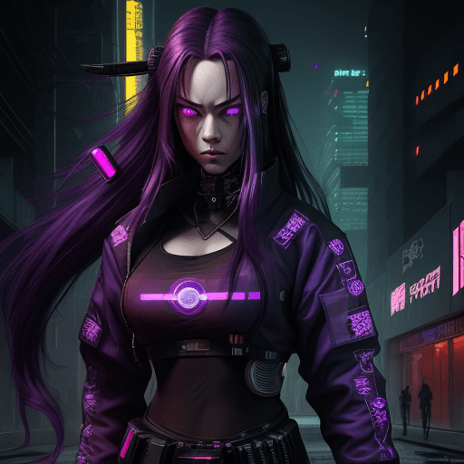 AI generated: High resolution, cyberpunk, female, sci-fi katana, long dark purple hair, streetwear, cybernetic eye...