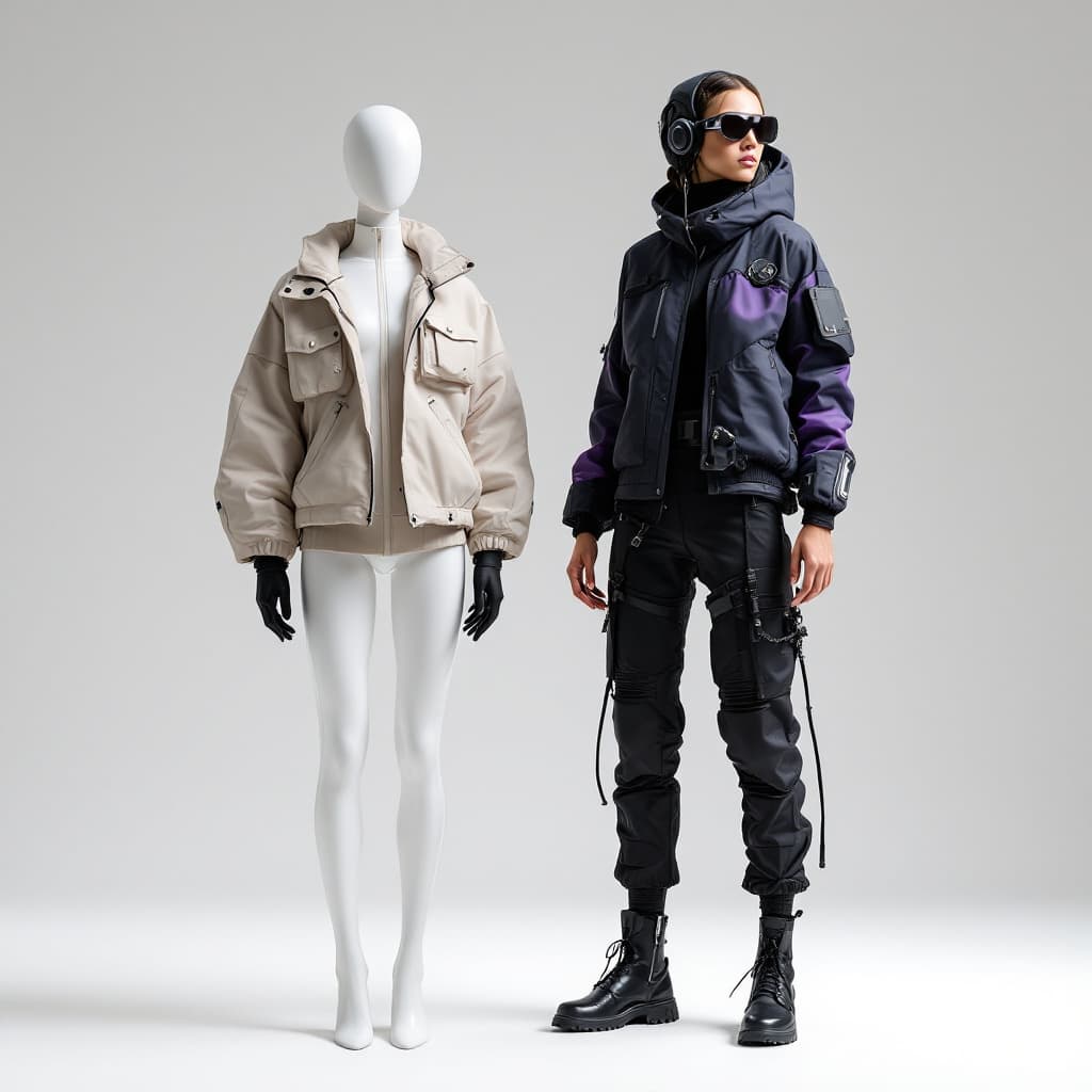 AI generated: Craft a fashion concept that blends futuristic aesthetics with fashion. Envision garments that seaml...