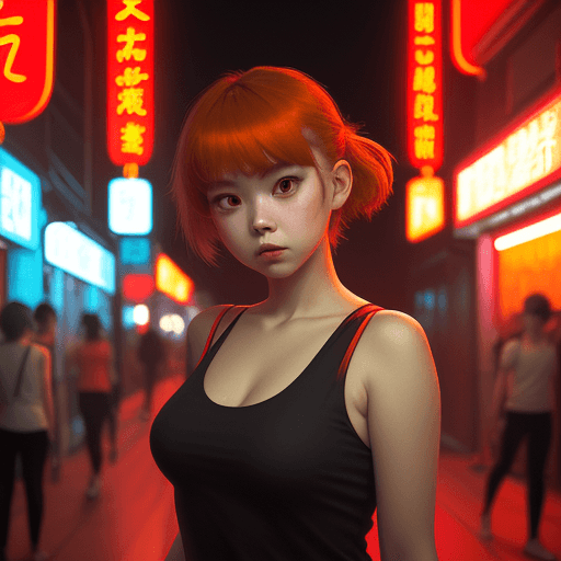 AI generated: a girl in a red top in a neon city, in the style of chinapunk, iconic album covers, soft-focus portr...