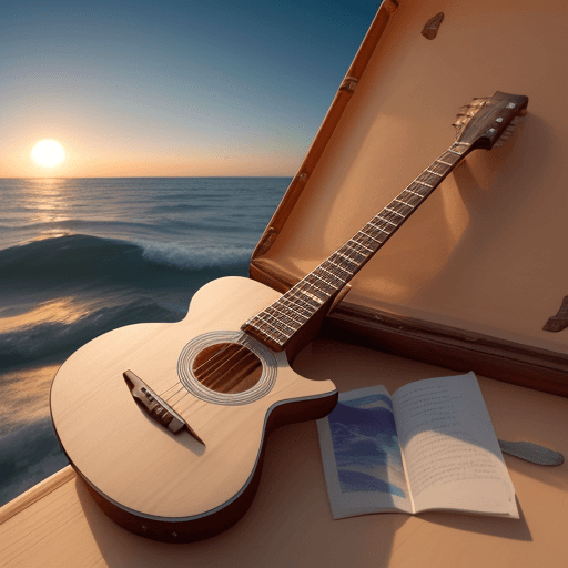 AI generated: una guitarra que viaja en una balsa por el oceano, es ocaso y que va derramando notas musicales 