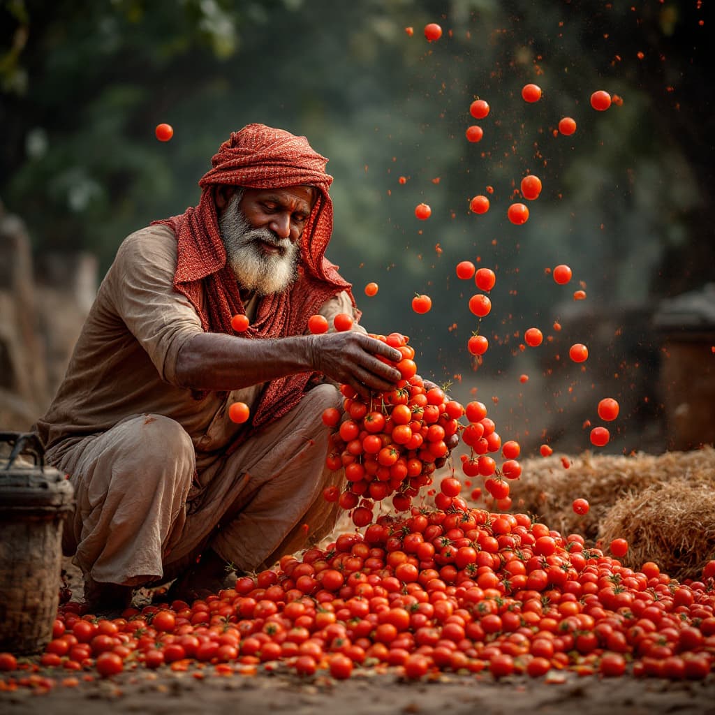 AI generated: Bangladeshi farmer dumping rotten tomatoes in heat