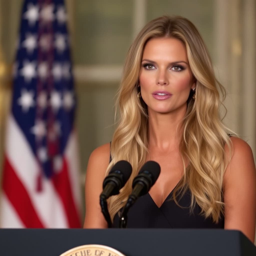 AI generated: Heidi Klum giving a speech at the White House.