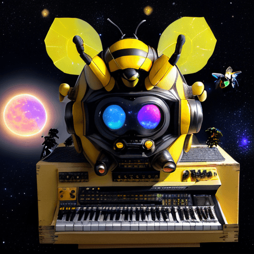 AI generated: "Mutant yellow Bees with galaxies in the background emerging from the holes of the moon, a couple of...