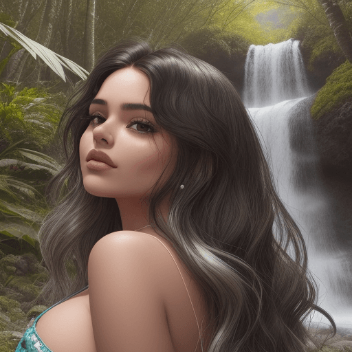 AI generated: Mujer parecida a KAROL G se encuentra en un hermoso paisaje natural, rodeada de exuberante vegetació...