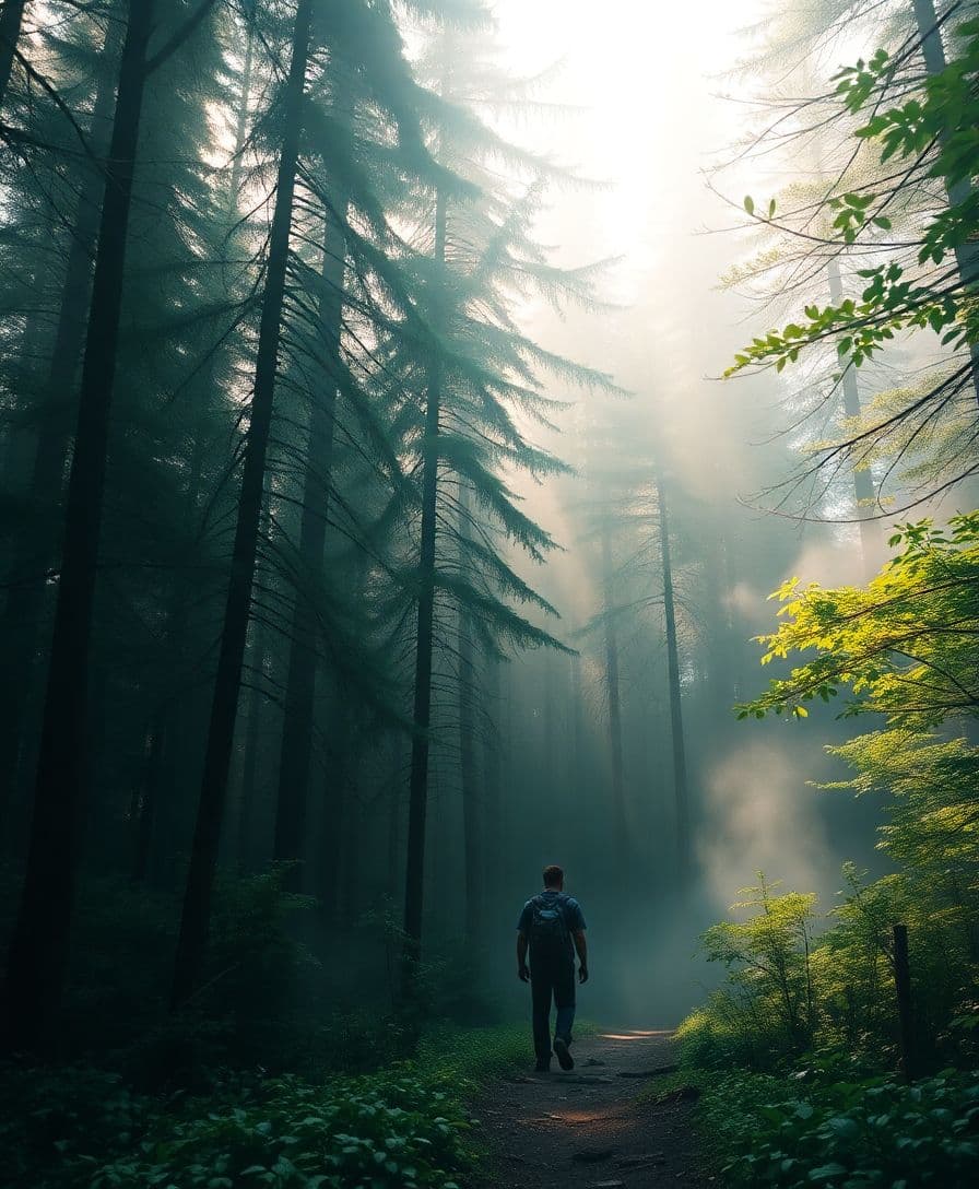 AI generated: Photo of a visually enchanting and serene journey of a man hiking through a forest that towers over ...