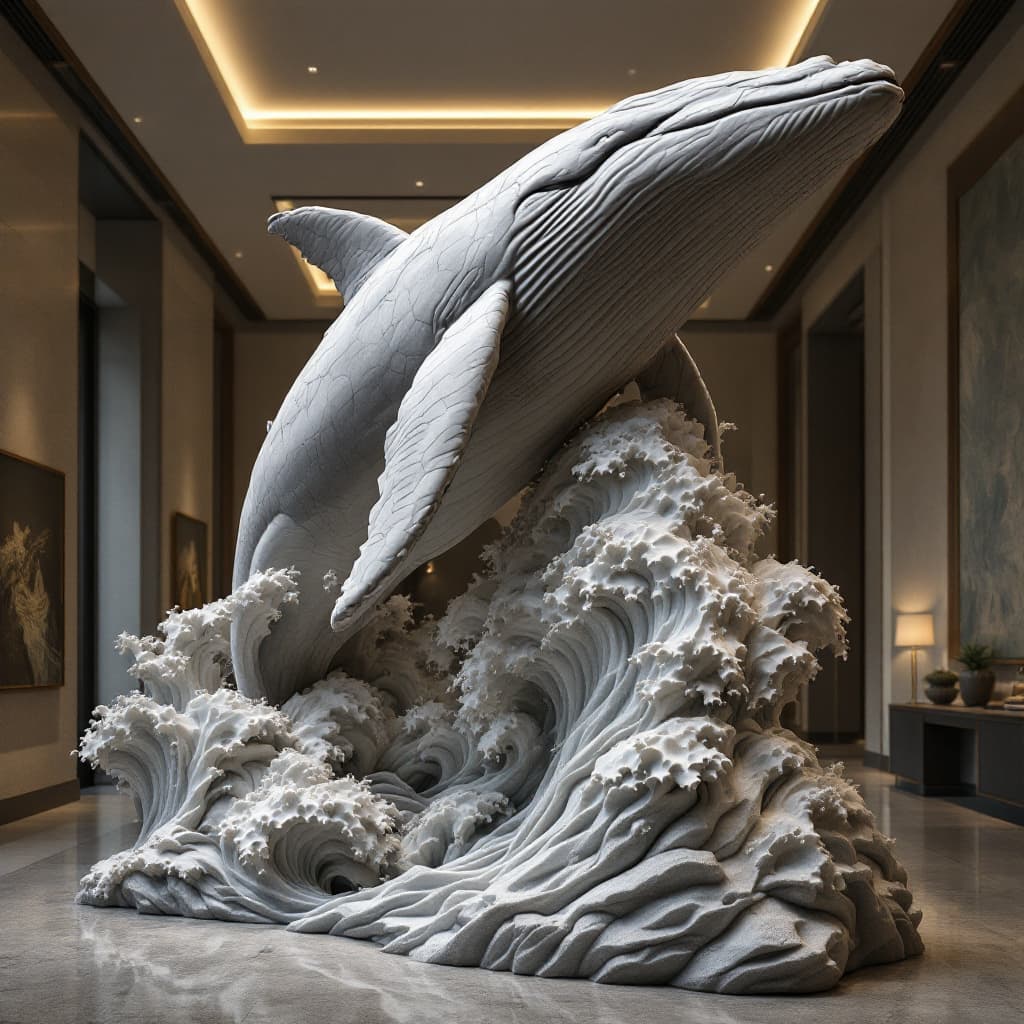 AI generated: A highly detailed, ultra-realistic 3-meter tall stone sculpture of a breaching whale, intricately ca...