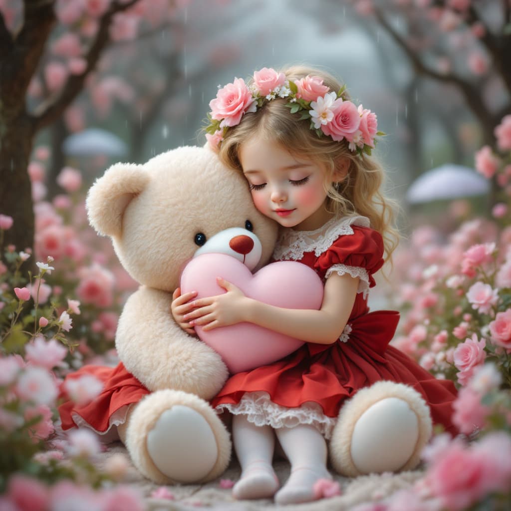 AI generated: A cute and pretty young girl with light blonde hair and rosy cheeks, around 5 to 7 years old, hugs a...