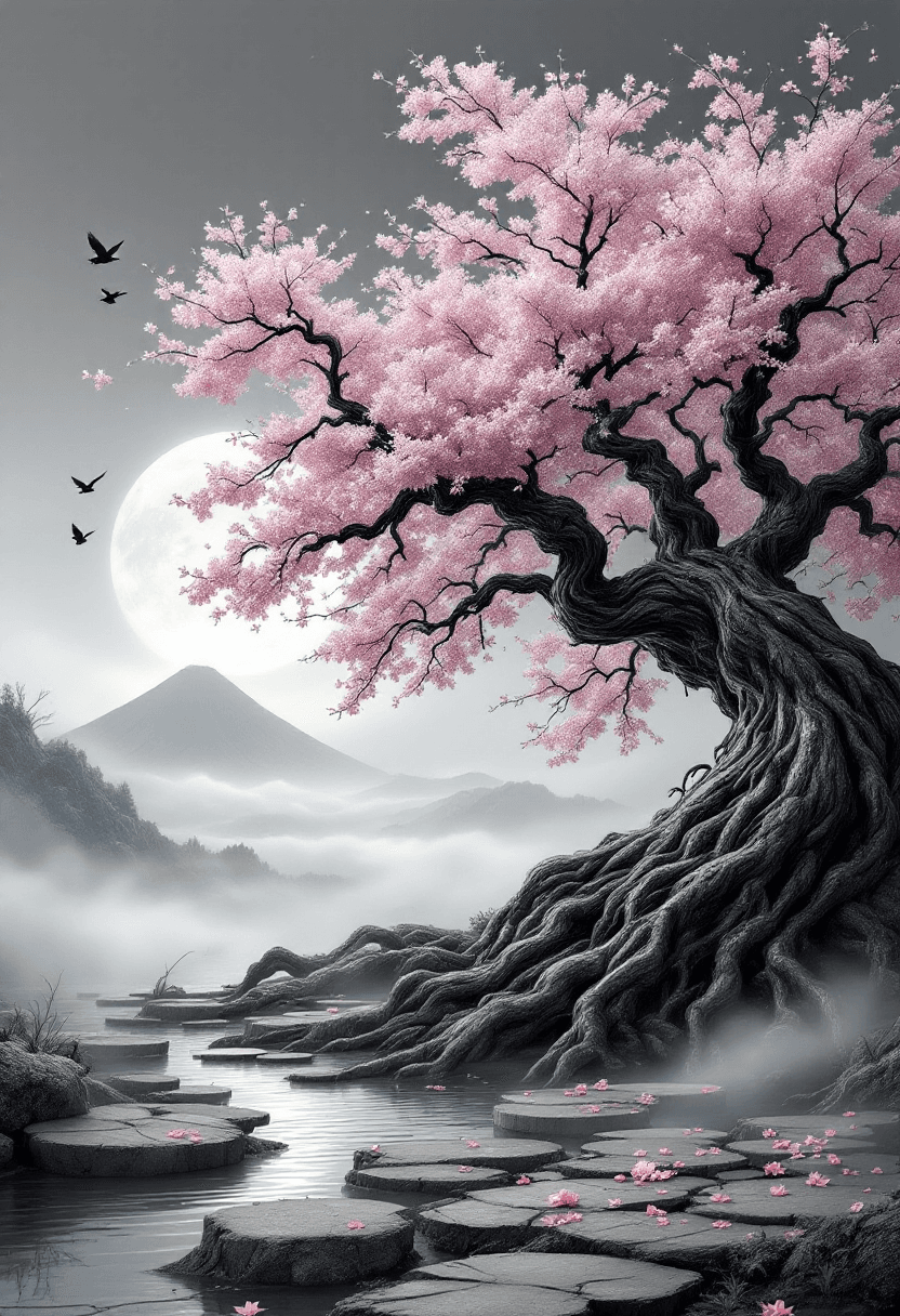 AI generated: An ancient, gnarled sakura tree with twisted trunk (hyper-detailed bark: deep grooves, lichen patche...