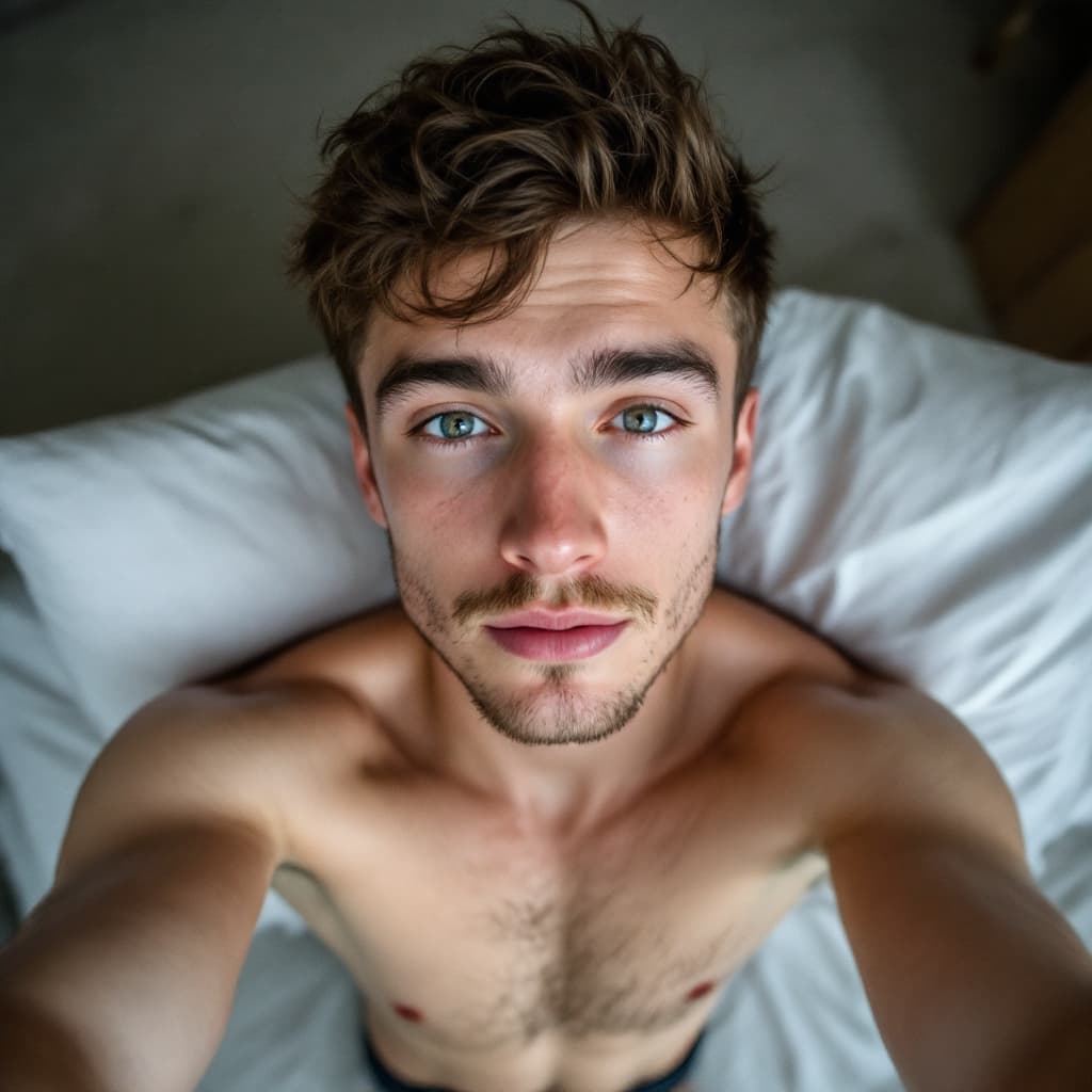 AI generated: 18 year old male, selfie, shot from above, Caucasian, short brown hair, muscular, without clothing, ...