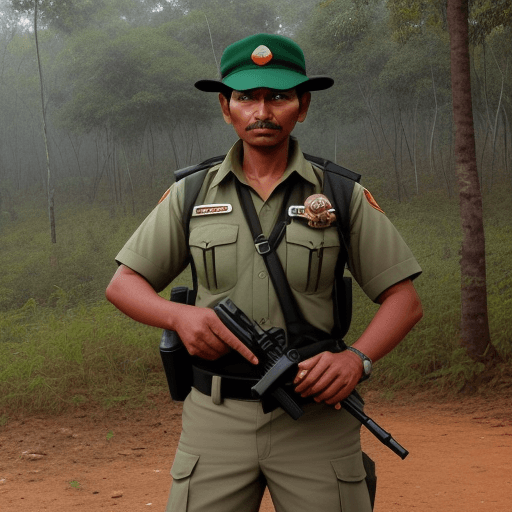 AI generated: An image of a forest ranger patrolling a tiger reserve, armed with a rifle and binoculars.