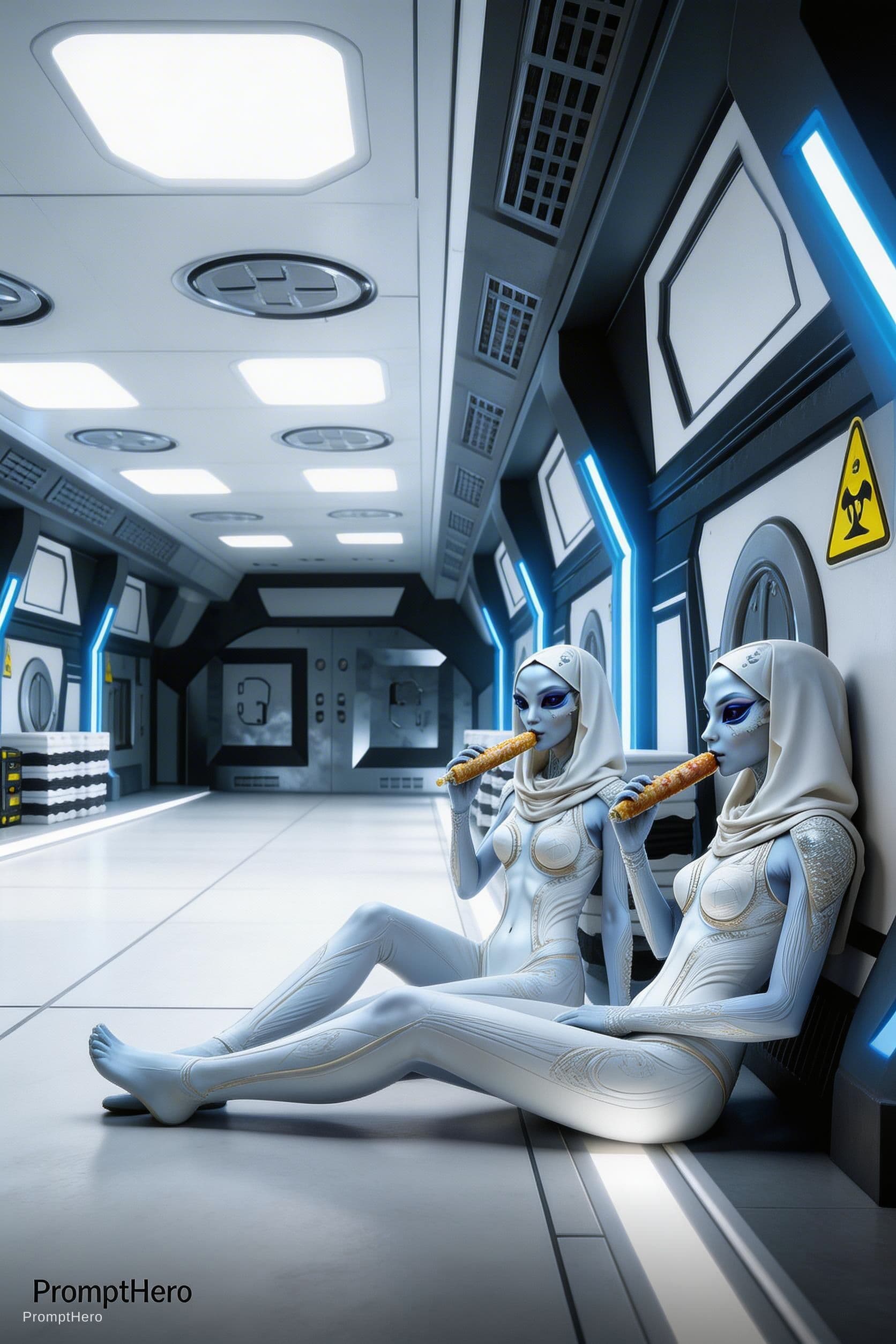 AI generated: Sci-Fi scene. Show two female characters, from reference image 2, sitting on the floor on the right ...