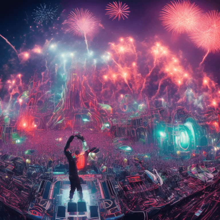 AI generated: Elon Musk mixing on a DJ decks on main stage of Tomorrowland, massive party atmosphere, fireworks, s...