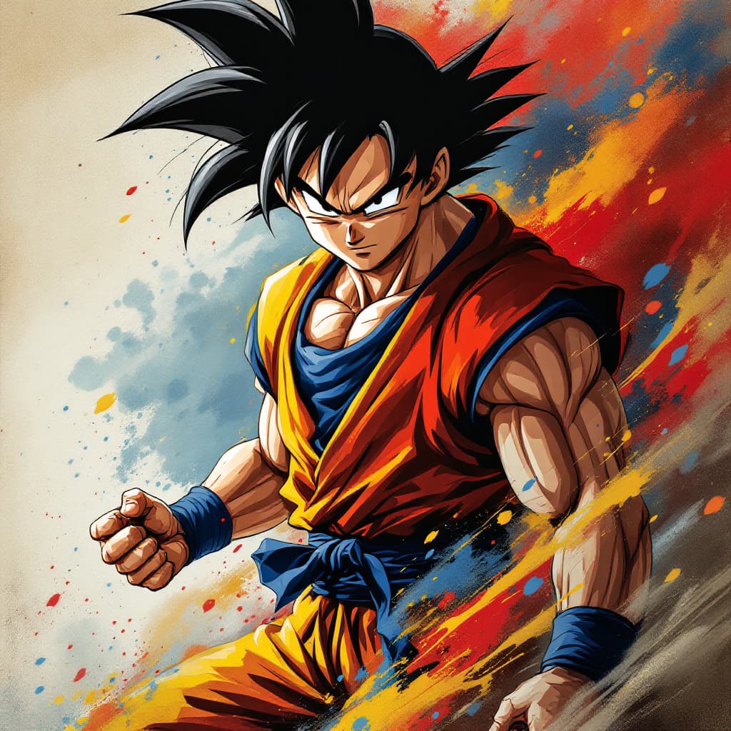 AI generated: Goku poster, male character in red, yellow and blue, in the style of 4k image, background with dust ...
