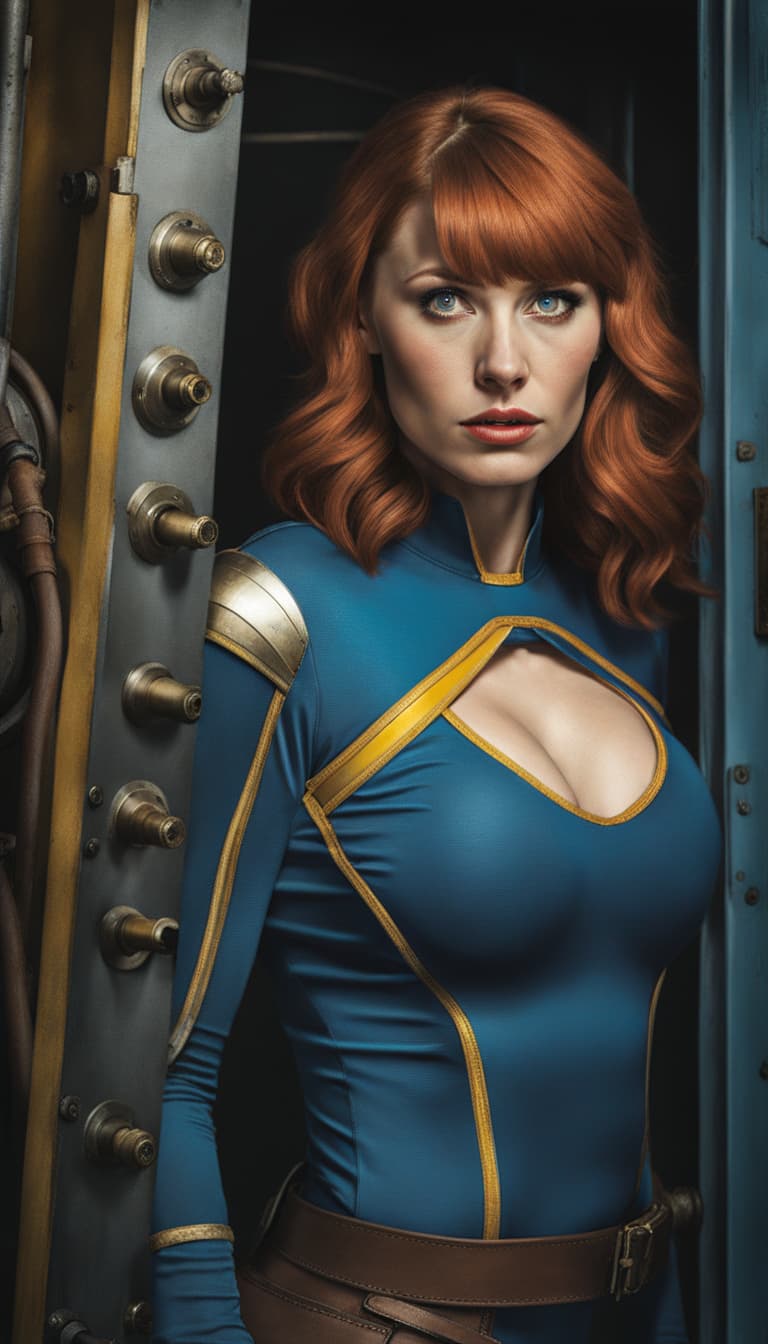 AI generated: 200mm portrait photo, wide angle, half-body, Bryce Dallas Howard cosplaying the girl from Vault 33, ...
