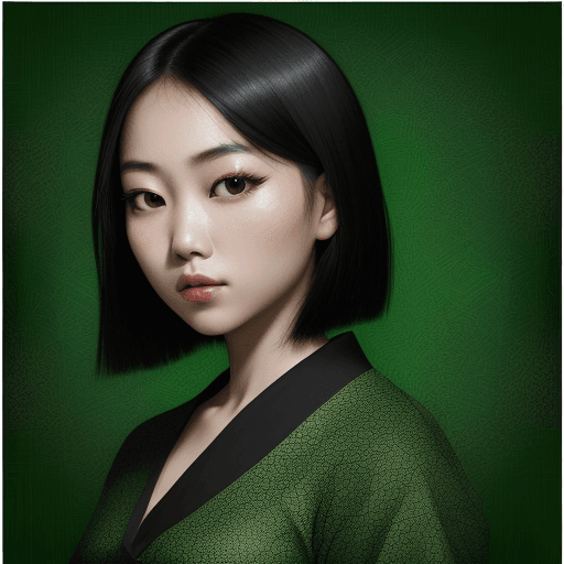 AI generated:  Realistic Three Quarter Angle Portrait Of A Young asian Woman With Black Eyes Wearing An Open green...