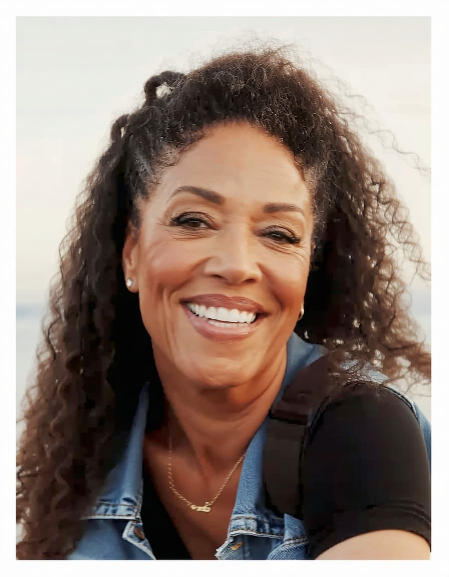 AI generated: An image of a woman with voluminous wavy hair, standing confidently and smiling at the camera. She i...