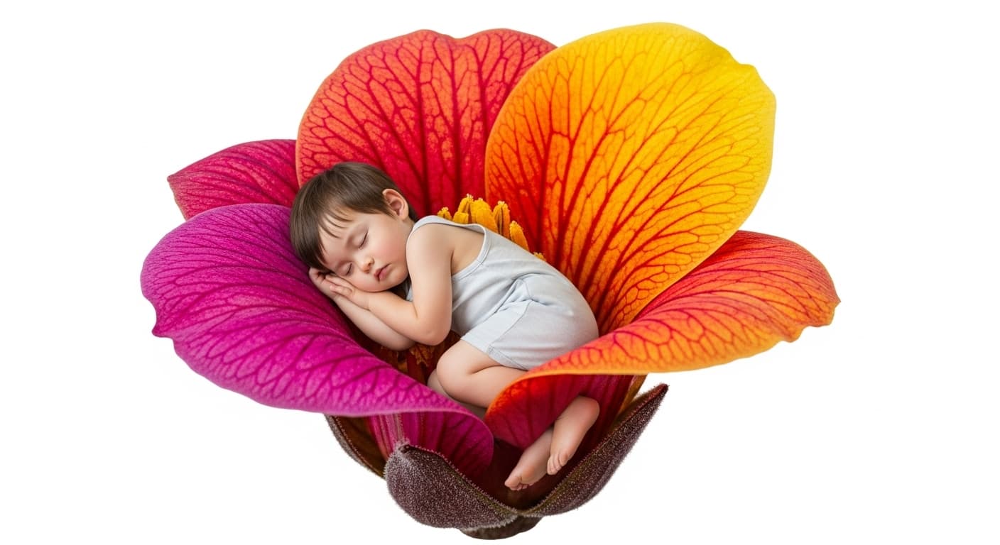 AI generated: In the calyx of an exotic flower, an adorable Asian boy lies down and sleeps, white background.