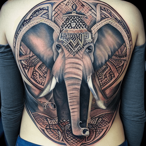 AI generated: TATTOO, ON THE BACK, ELEPHANT, ARMOR, PERSIA, GREECE