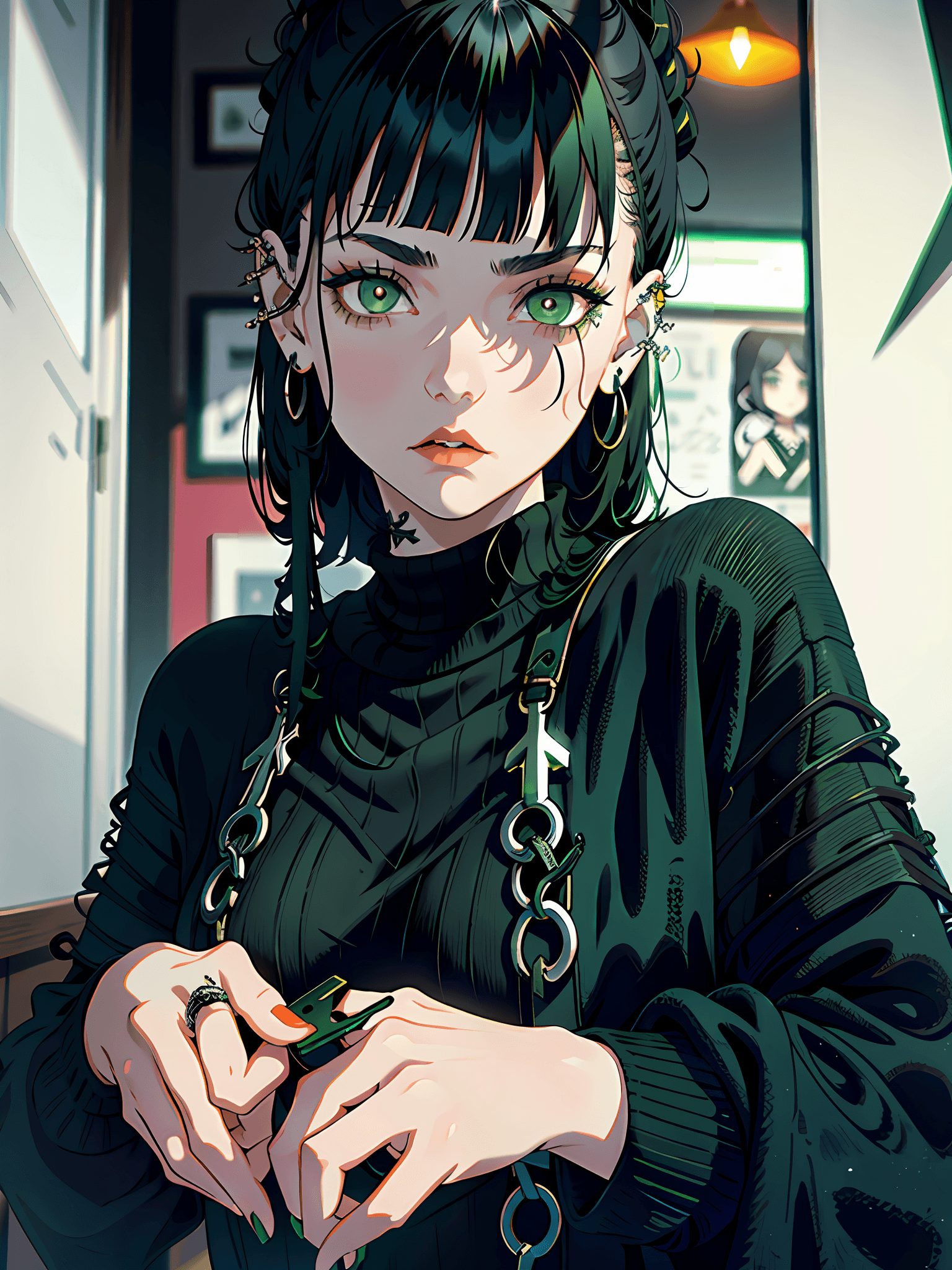 AI generated: ruffled woman with black hair and green sweater holding scissors, pale gothic beauty, piercing gaze,...
