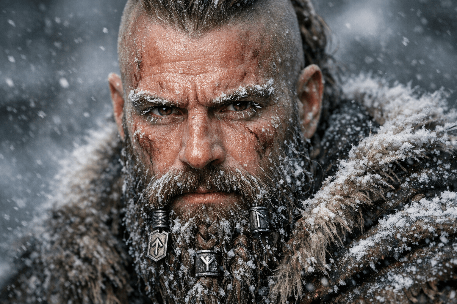 AI generated: hyper-realistic cinematic ultra-close-up portrait of a rugged Viking warrior with shaved sides and a...