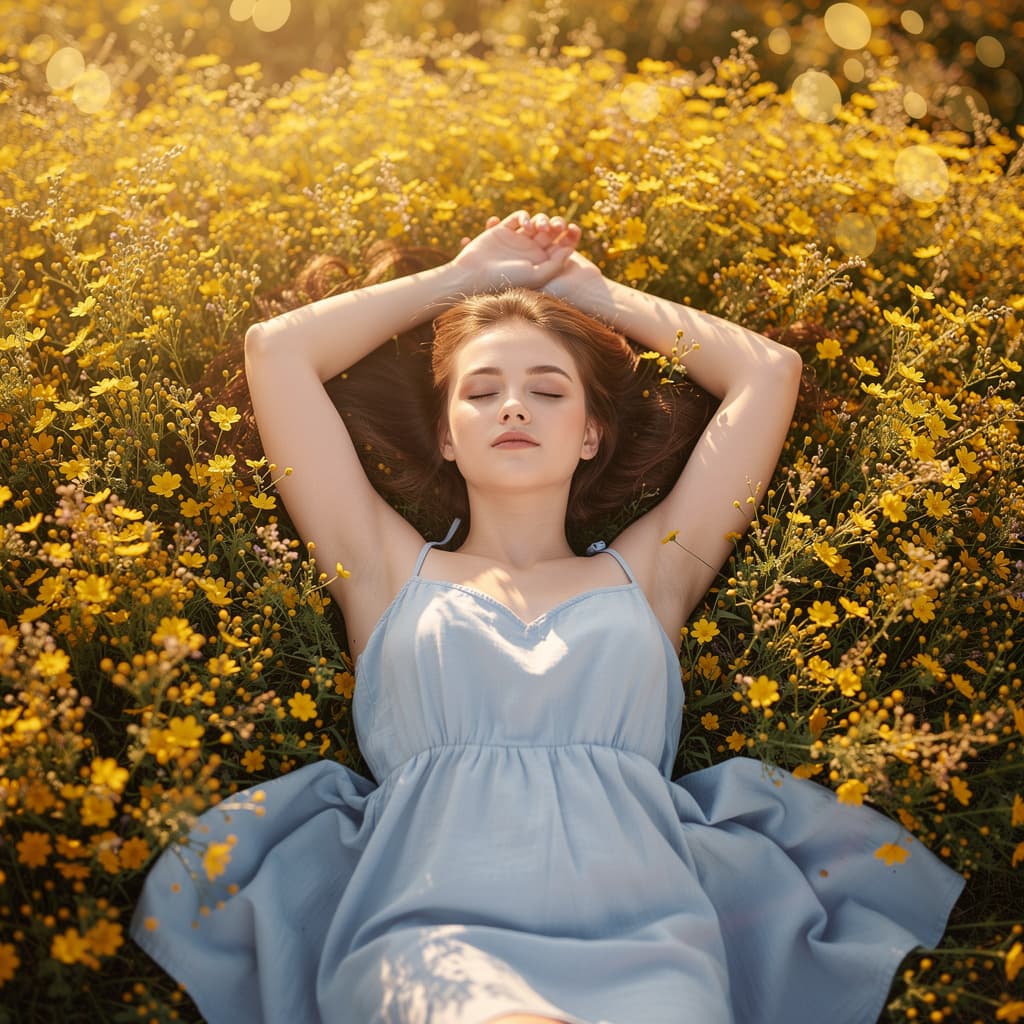 AI generated: A woman, viewed from above, sleeps peacefully with her arms above her head in the field of yellow fl...