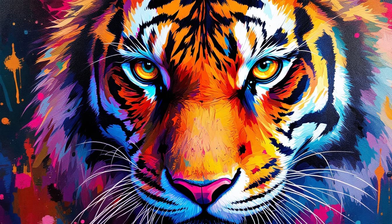 AI generated:     A lively and energetic oil painting in bright, vibrant colors showing a close up of a tiger  
  ...
