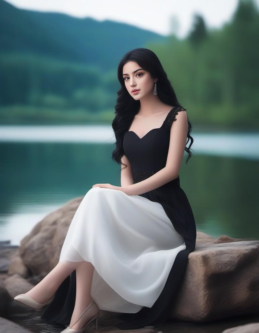 AI generated: A very lovely 18-year-old girl with long black hair sits near the lake. She wearing an elegant top o...