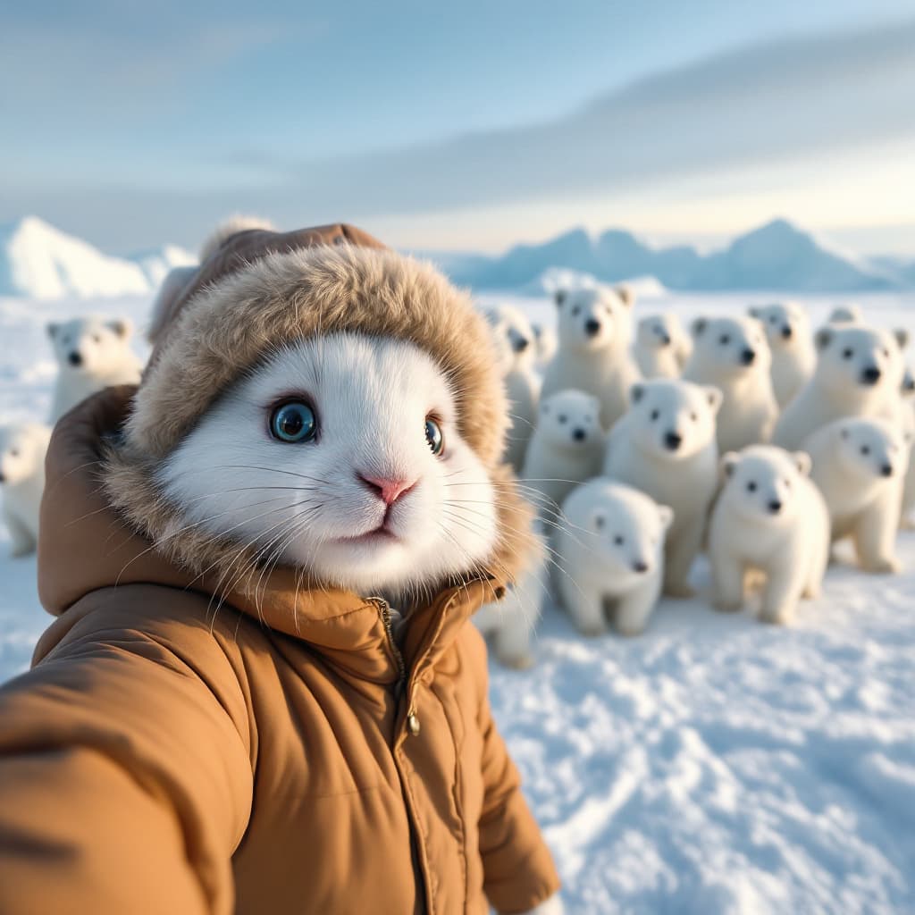 AI generated:  In the snow, there is an ice field with many polar bears standing on it. A real cute baby mini lop ...