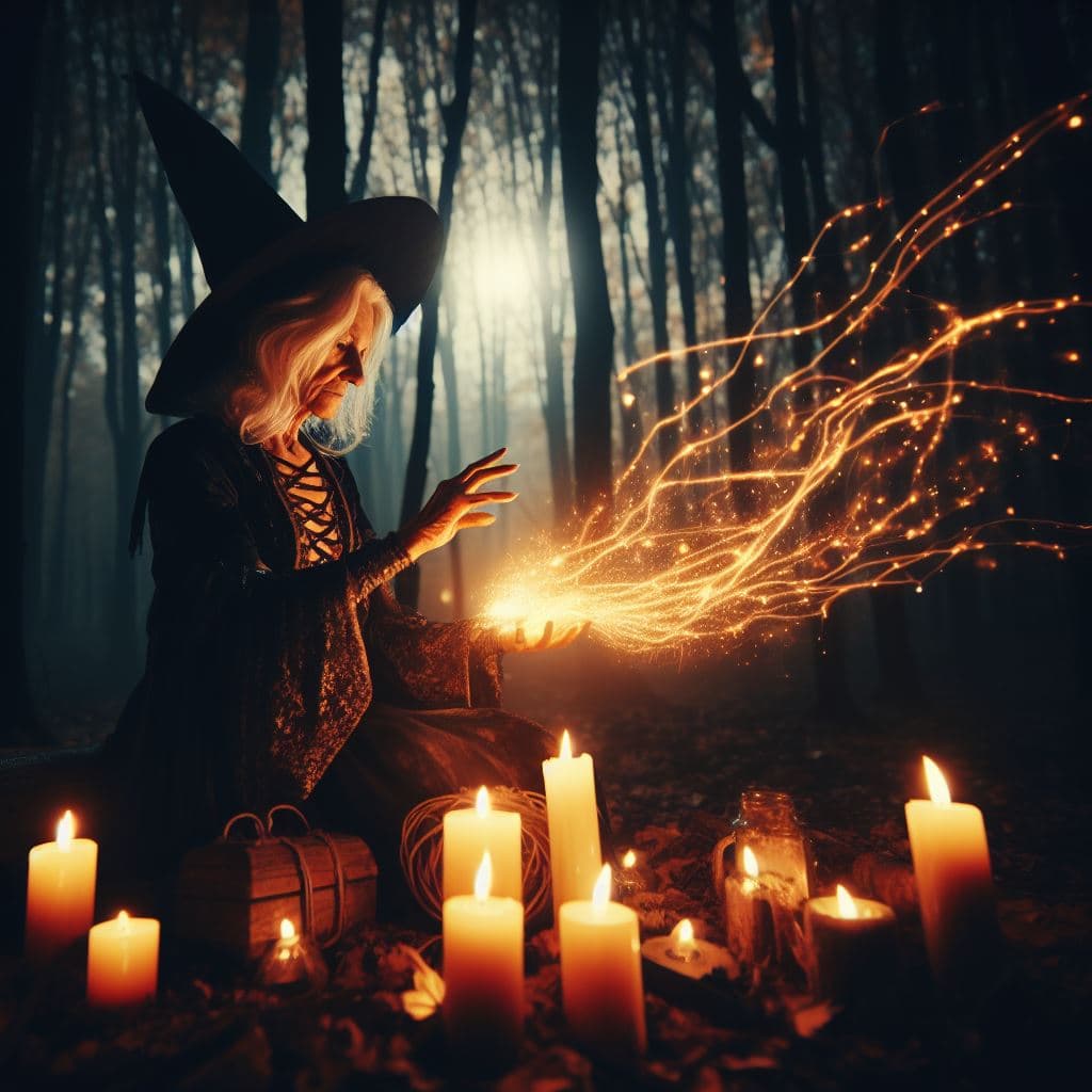 AI generated: an old  witch performs magic in a gloomy forest,in candlelight,mystical,dynamic light,halloween,