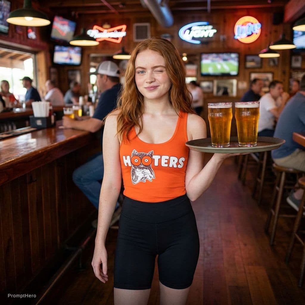AI generated: Ultra-photorealistic portrait of actress Sadie Sink in a restaurant. She is looking at viewer, one e...
