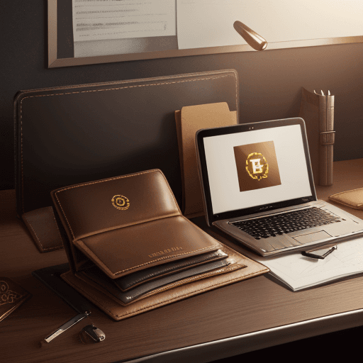 AI generated: (((Leather wallet with a raised golden Bitcoin symbol))), (((detailed wallet))), (((realistic leathe...